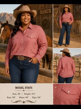 Jeffrey Banks Women’s Plus Size Western Button Front Shirt 3X Pink Pearl Snap